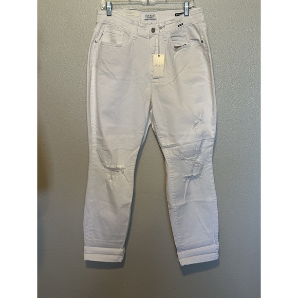 NWT Judy Blue Mid-Rise White Distressed Boyfriend sz. 14 Mid Rise Jeans Stretch - Picture 2 of 7